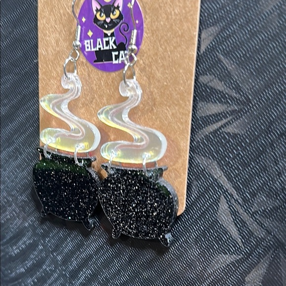 Handmade Glittery Black Witches Cauldron Earrings Spooky Cute Halloween Fall NWT - Picture 2 of 5